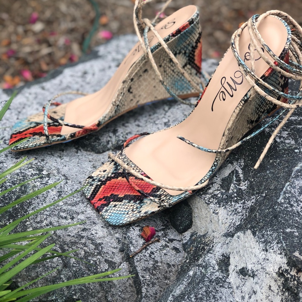 BRAND NEW w/box faux snake skin strappy wedge sandal.